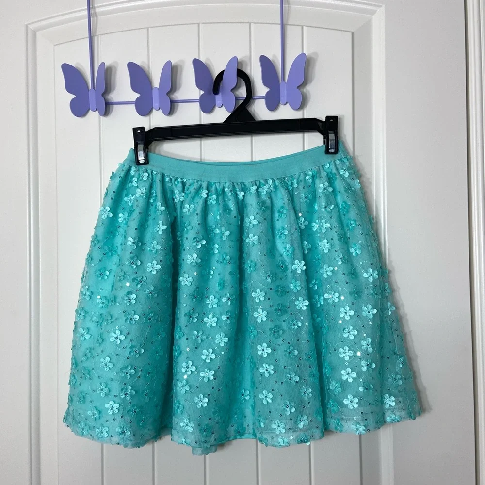 Children’s Place girl’s turquoise floral stitch‎ tulle layered pull on skirt 7/8